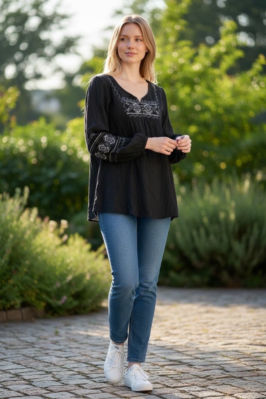Maurices Women’s XL Black Embroidered Boho Peasant Blouse Long Sleeve Top